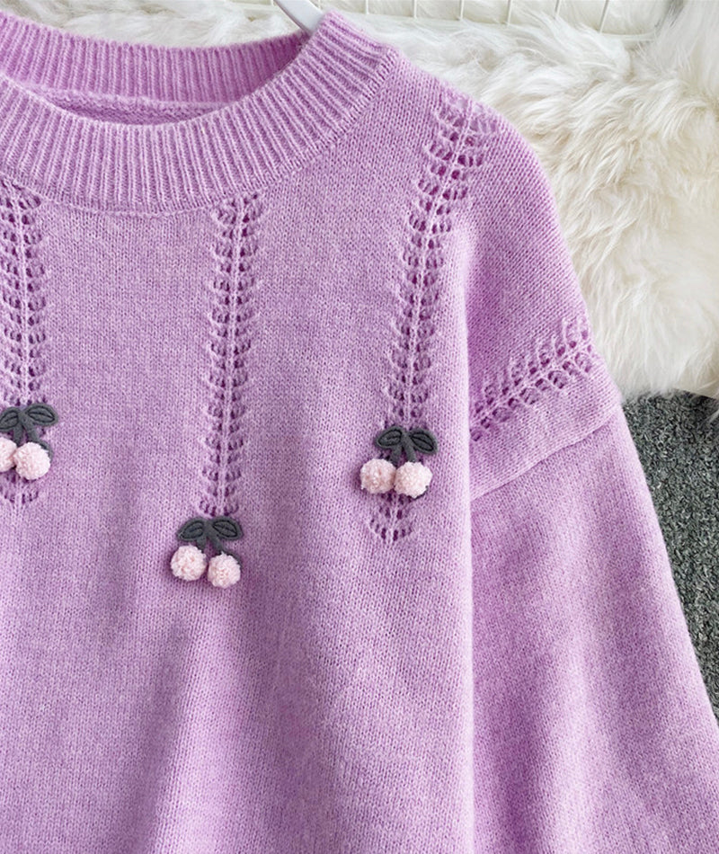 Cute round neck long sleeve sweater cherry sweater  101