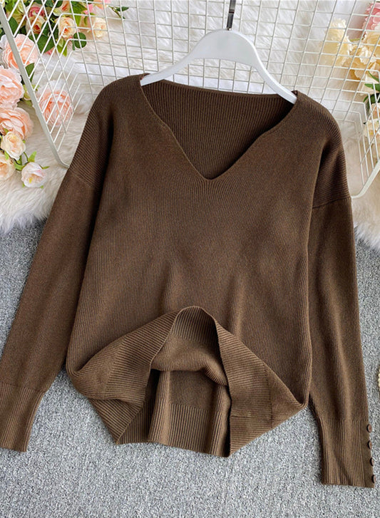 Sweater simple v neck long sleeve sweater  090