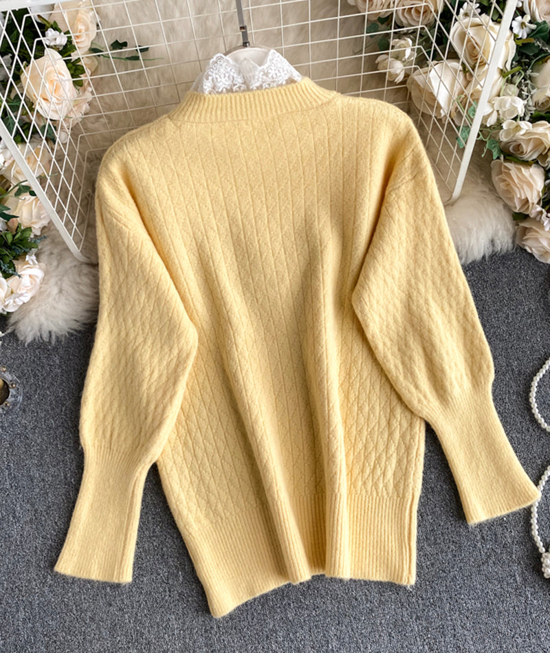 Cute round neck lace long sleeve sweater  068