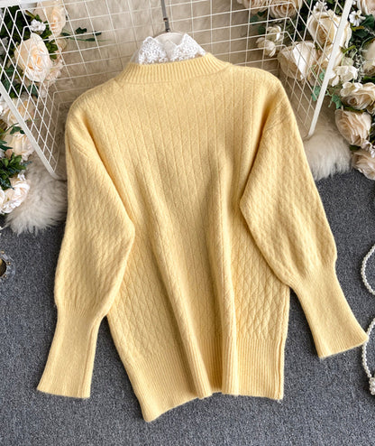 Cute round neck lace long sleeve sweater  068