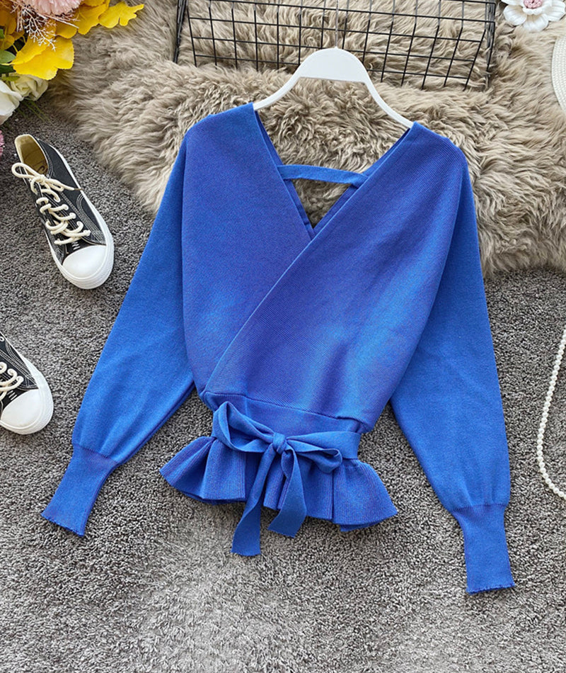 Cute v neck long sleeve sweater short sweater  099