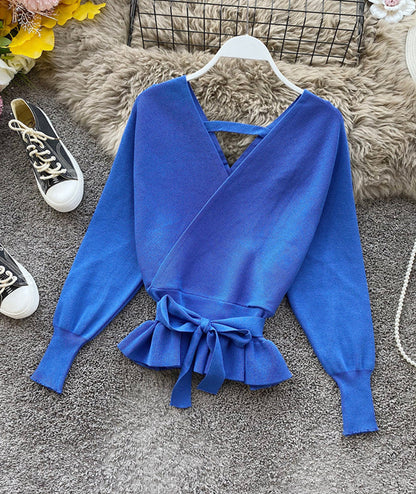 Cute v neck long sleeve sweater short sweater  099
