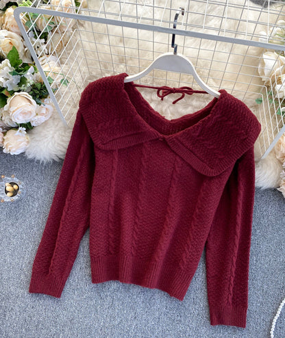 Cute lapel sweater long sleeve sweater  075
