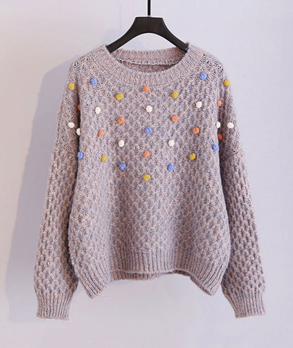 Colorful pom poms embellished round neck chunky sweater  062