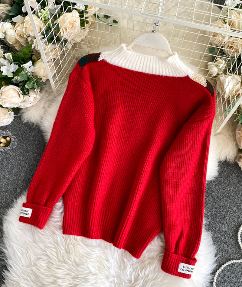 Red round neck long sleeve sweater  067