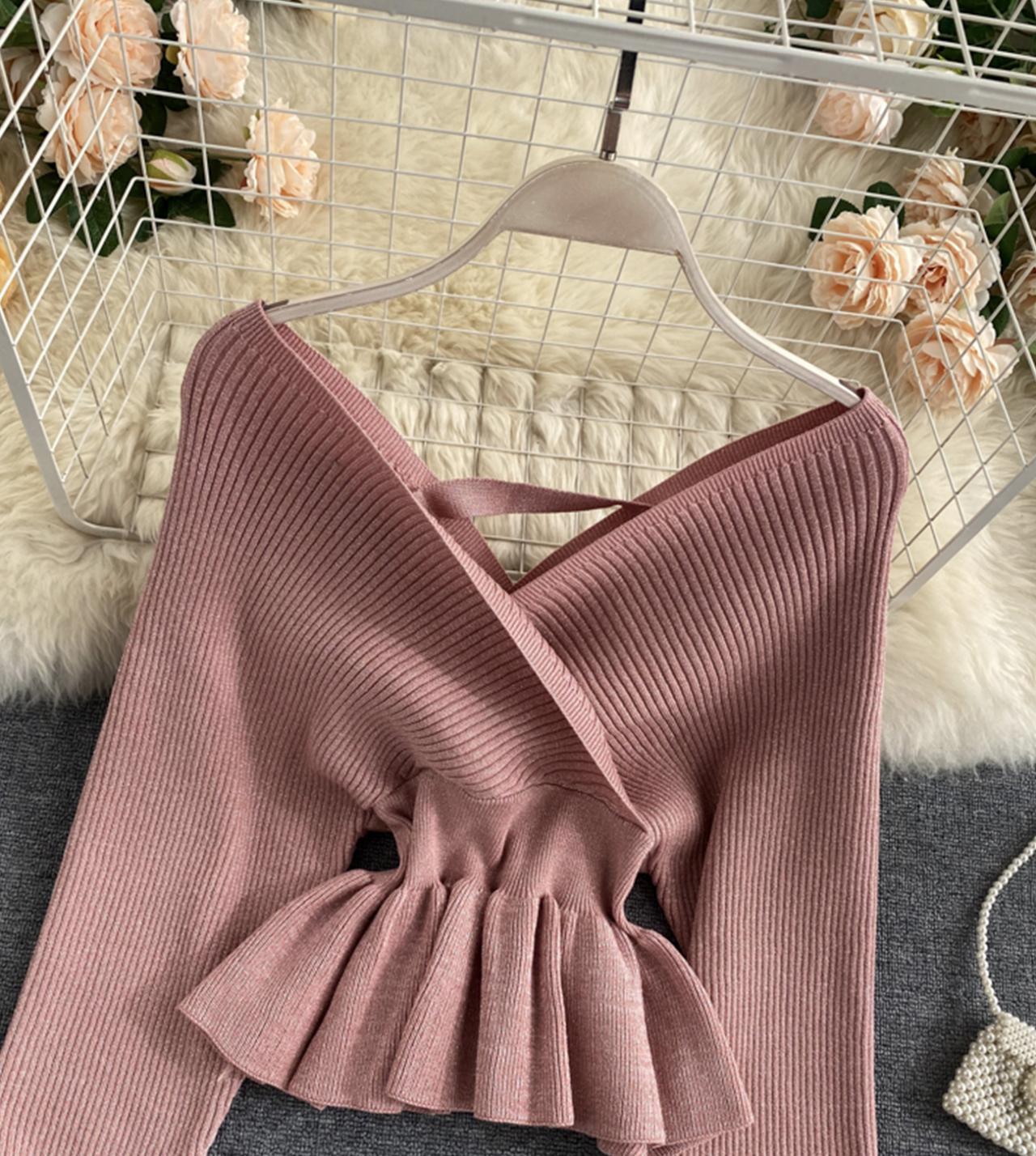 Stylish v neck long sleeve tops  045