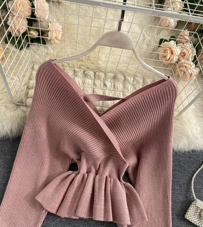 Stylish v neck long sleeve tops  045