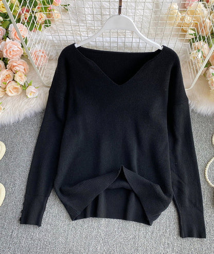 Sweater simple v neck long sleeve sweater  090