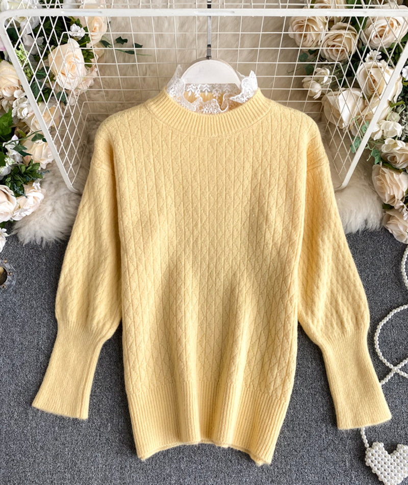 Cute round neck lace long sleeve sweater  068