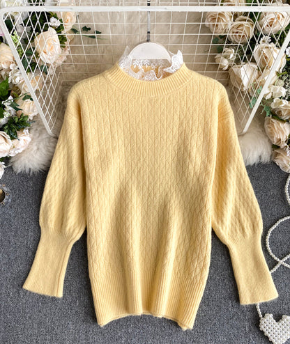 Cute round neck lace long sleeve sweater  068