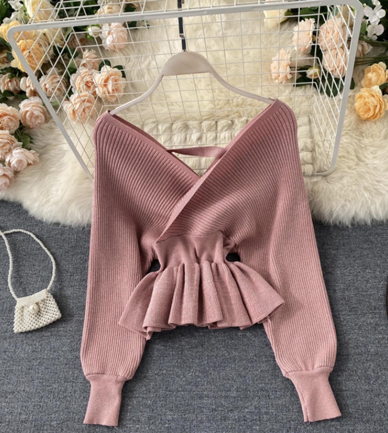 Stylish v neck long sleeve tops  045