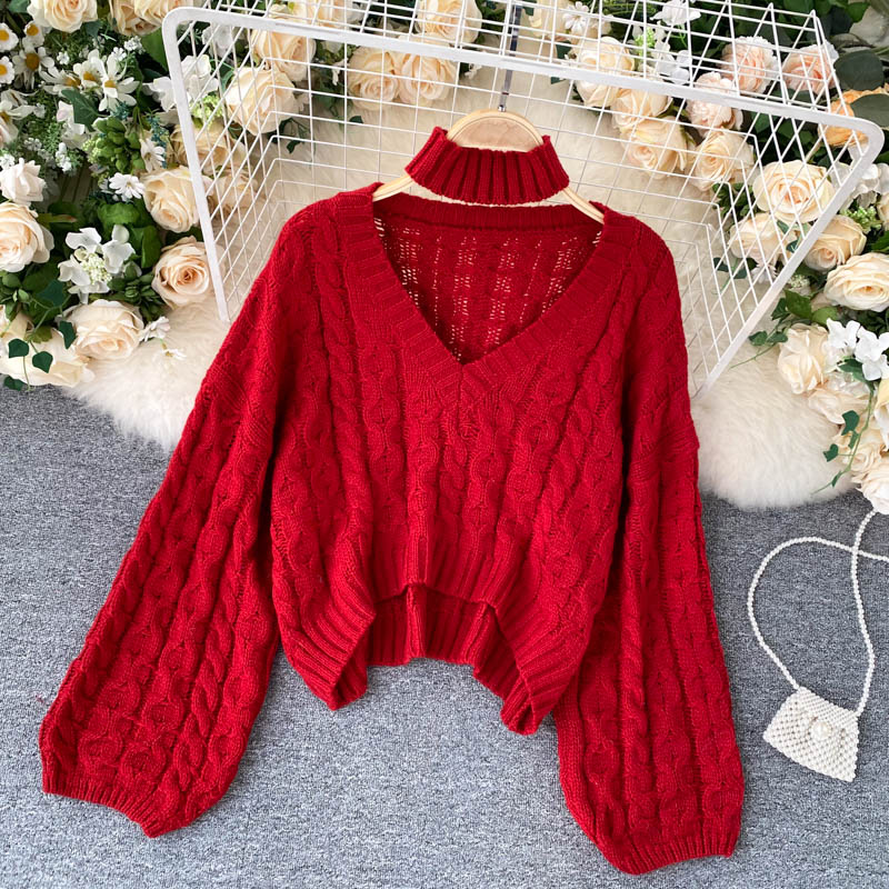Vintage twist knit top v neckline long sweater  024