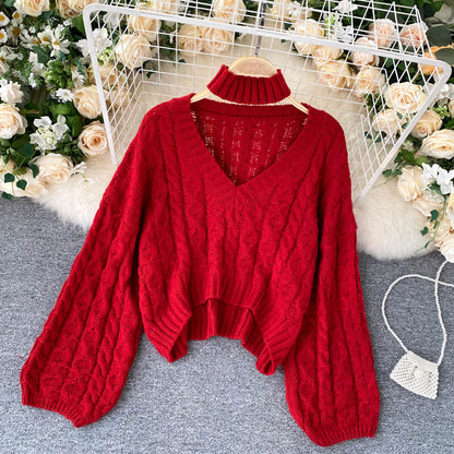 Vintage twist knit top v neckline long sweater  024
