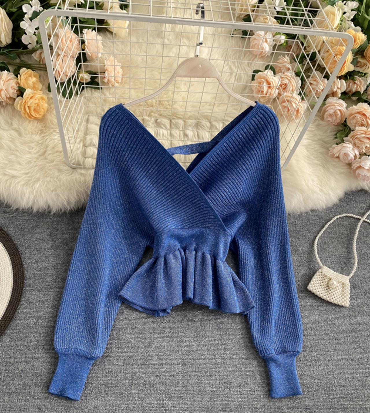 Stylish v neck long sleeve tops  045