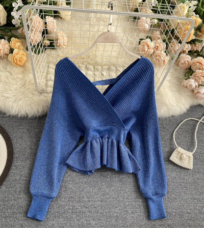 Stylish v neck long sleeve tops  045