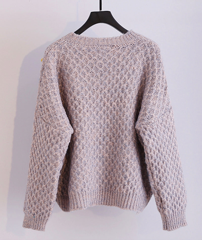 Colorful pom poms embellished round neck chunky sweater  062