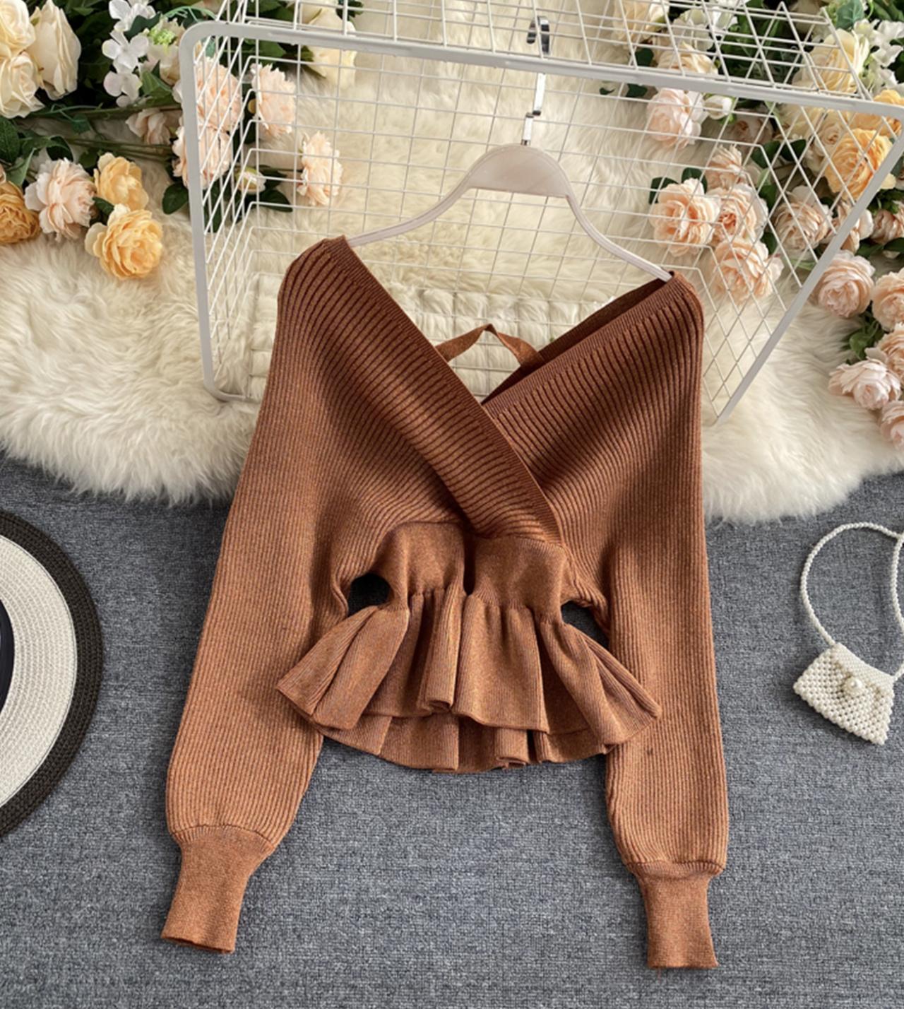 Stylish v neck long sleeve tops  045