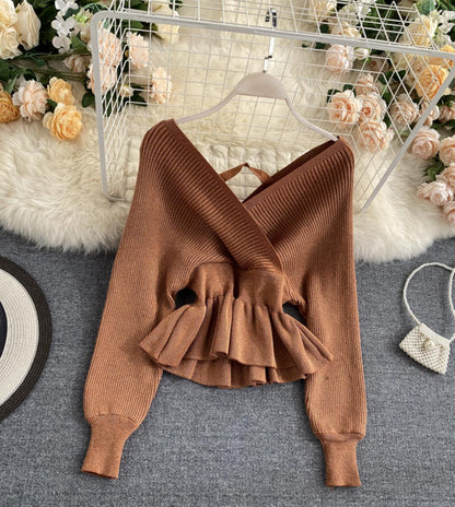 Stylish v neck long sleeve tops  045