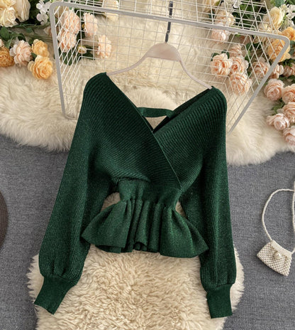 Stylish v neck long sleeve tops  045