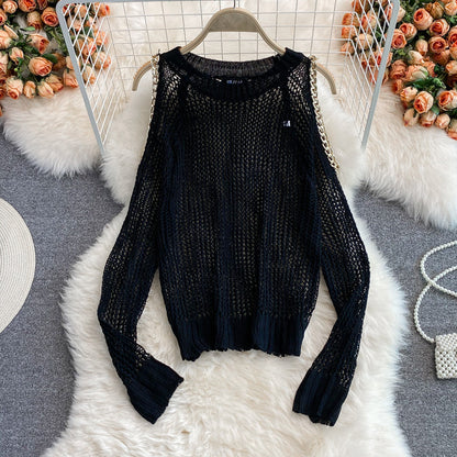 Cute cut-out long-sleeved sweater off shoulder sweater  038
