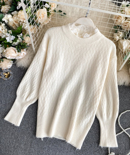 Cute round neck lace long sleeve sweater  068