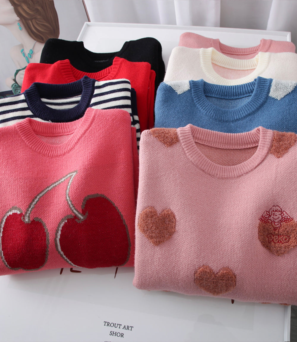 Sweater cute cherry love long sleeve sweater  046