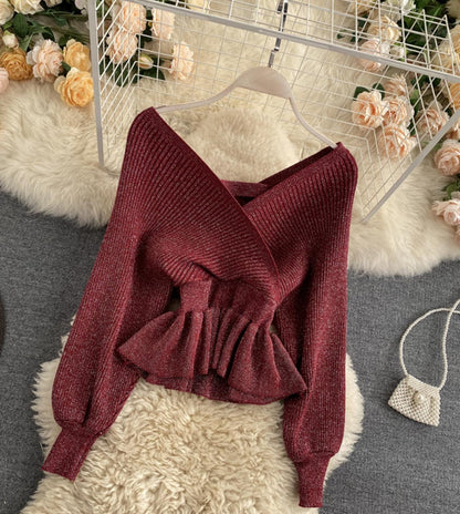 Stylish v neck long sleeve tops  045
