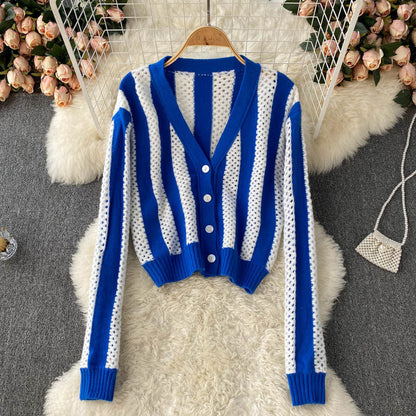 Simple striped long-sleeved short cardigan sweater  008