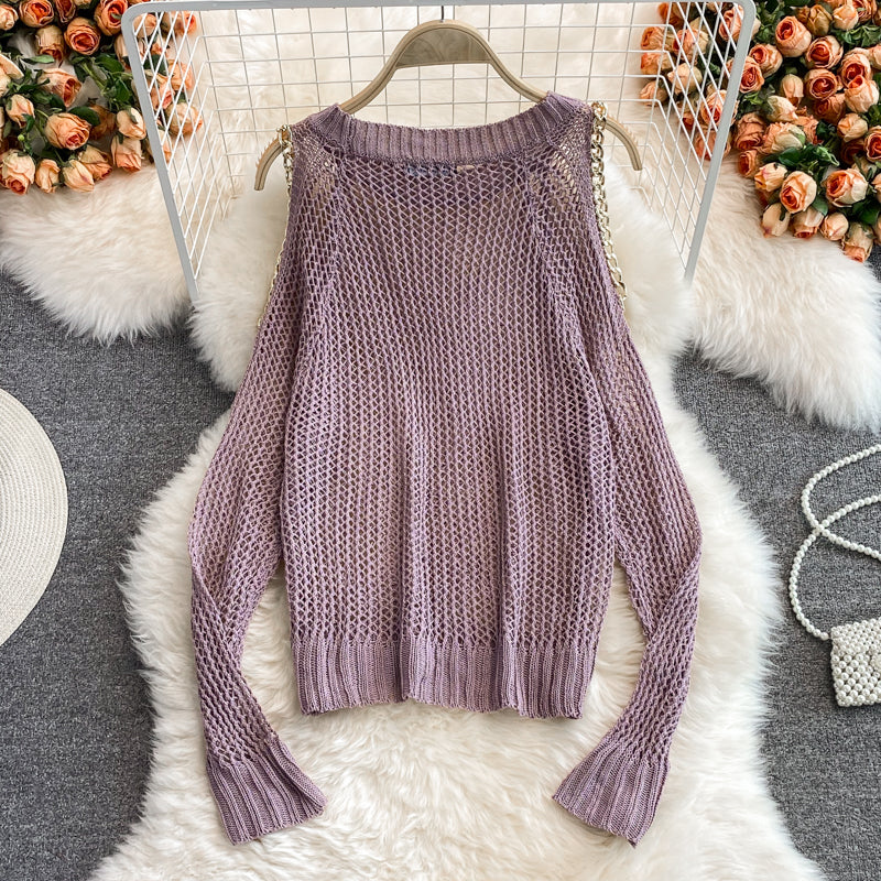 Cute cut-out long-sleeved sweater off shoulder sweater  038