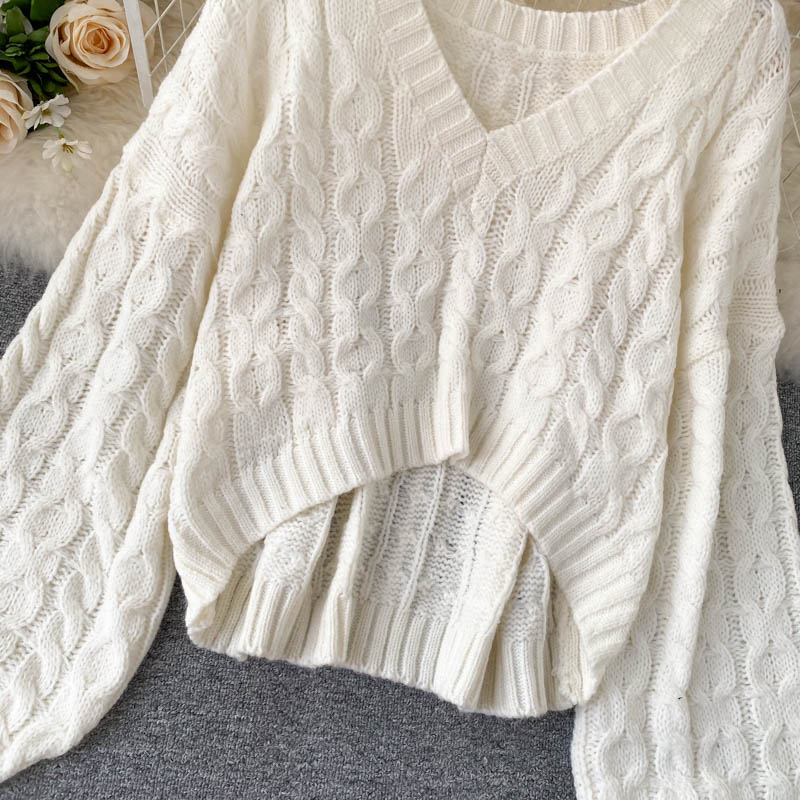 Vintage twist knit top v neckline long sweater  024