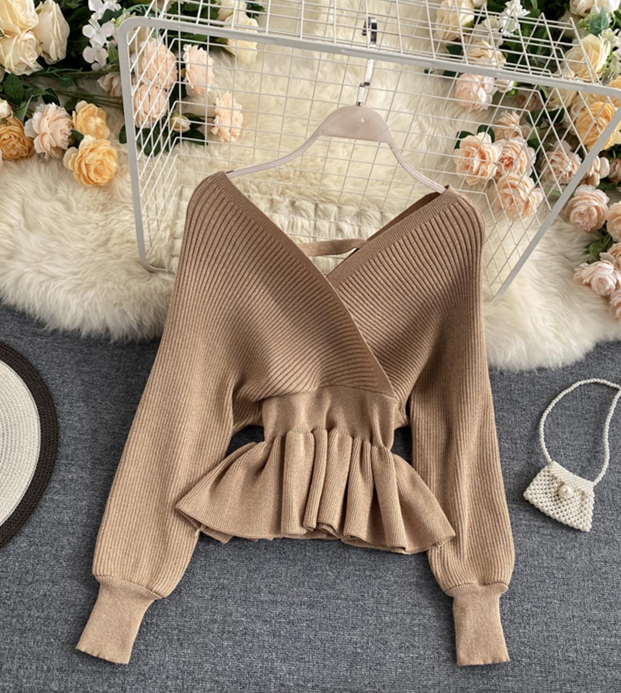 Stylish v neck long sleeve tops  045