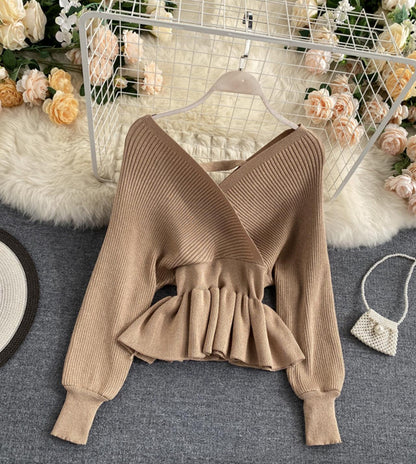 Stylish v neck long sleeve tops  045