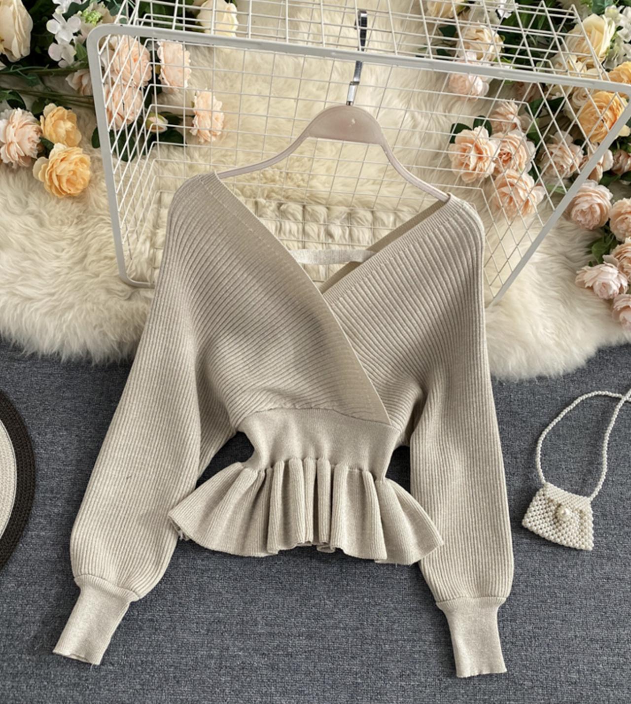 Stylish v neck long sleeve tops  045