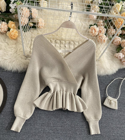 Stylish v neck long sleeve tops  045