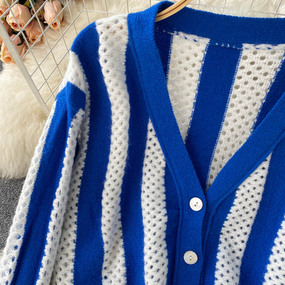 Simple striped long-sleeved short cardigan sweater  008