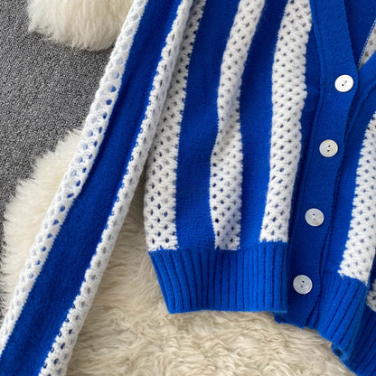 Simple striped long-sleeved short cardigan sweater  008