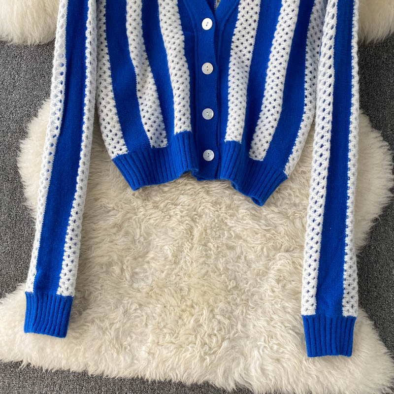 Simple striped long-sleeved short cardigan sweater  008