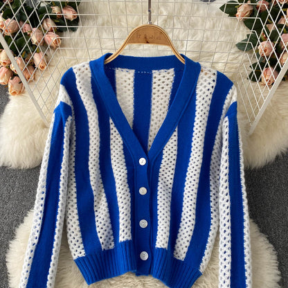 Simple striped long-sleeved short cardigan sweater  008