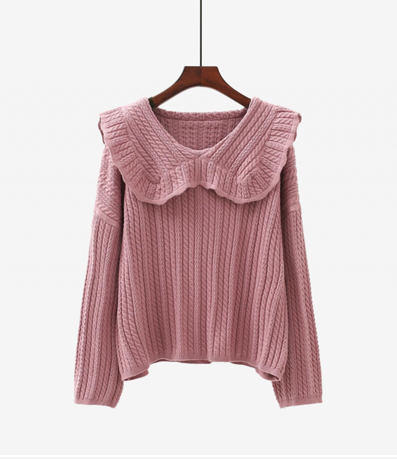 Cute long-sleeved lapel sweater 001