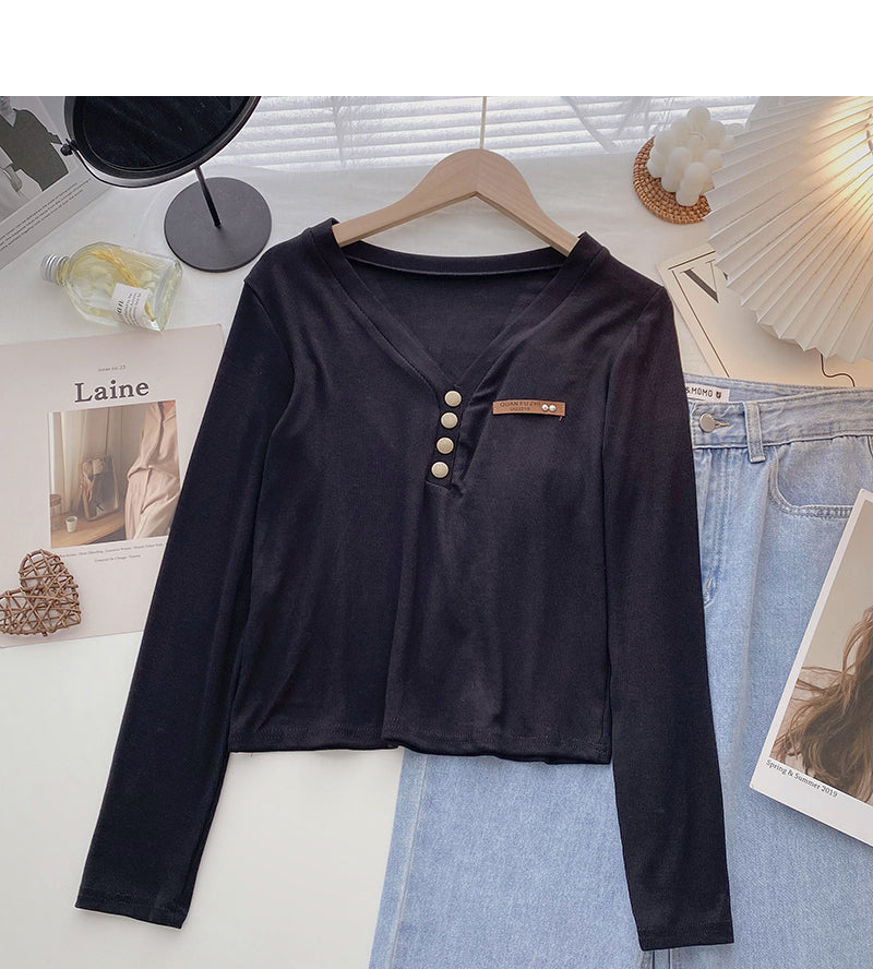 Design sense niche slim V-neck short knit top  6666