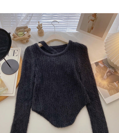 Korean round neck hollowed out irregular slim fitting short sweater  6089
