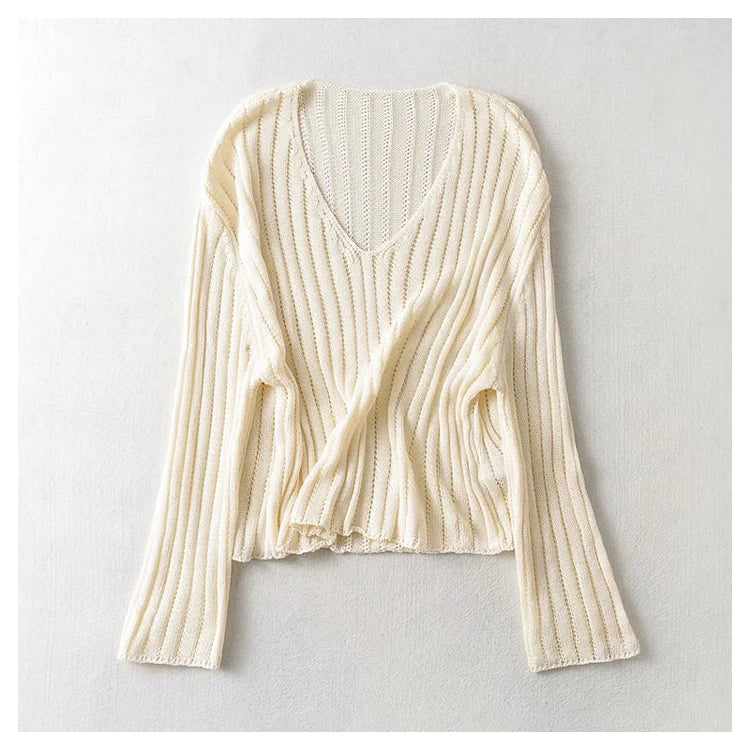 Sweet and versatile loose V-neck linen sweater  7397