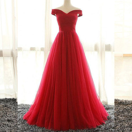 Red v neck tulle long prom dress, red evenin gdress  7112