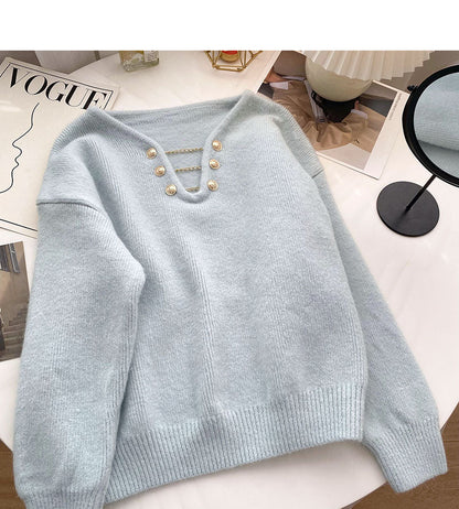 Niche design personalized V-neck bright silk long sleeve Pullover Top  6121