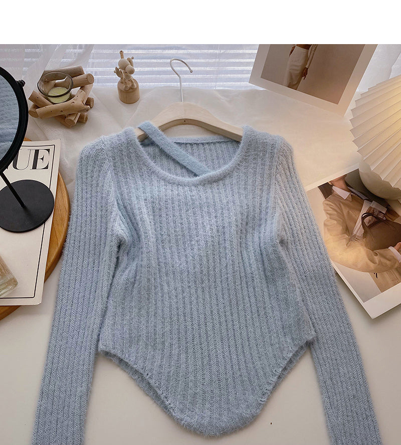 Korean round neck hollowed out irregular slim fitting short sweater  6089