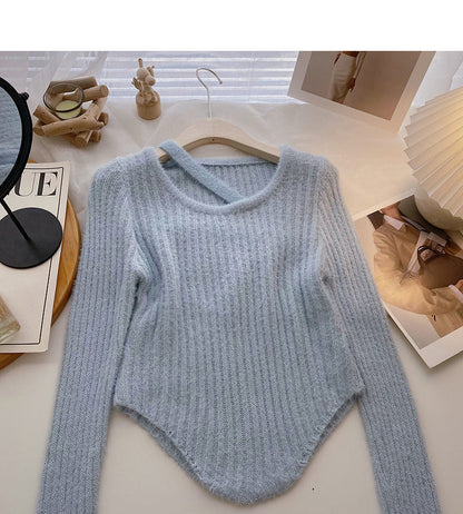Korean round neck hollowed out irregular slim fitting short sweater  6089