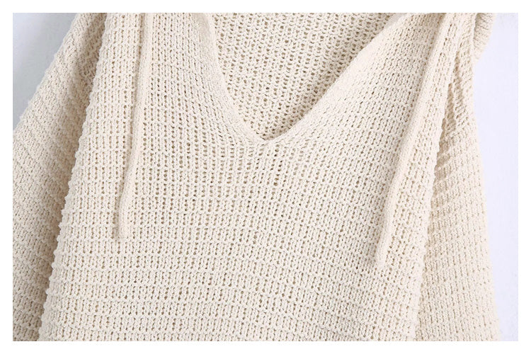 New white V-neck retro fashion long-sleeved hooded loose drawstring knitted hoodie pullover female casual sweater top 7281