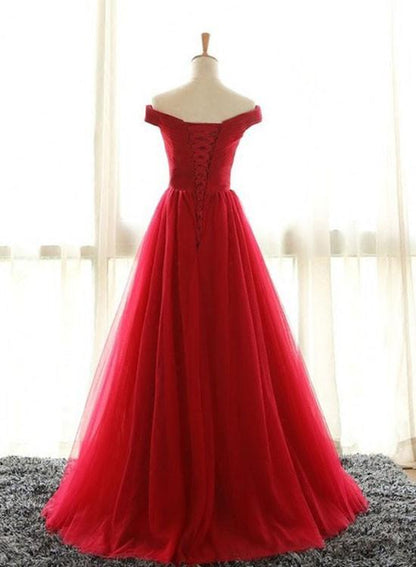 Red v neck tulle long prom dress, red evenin gdress  7112