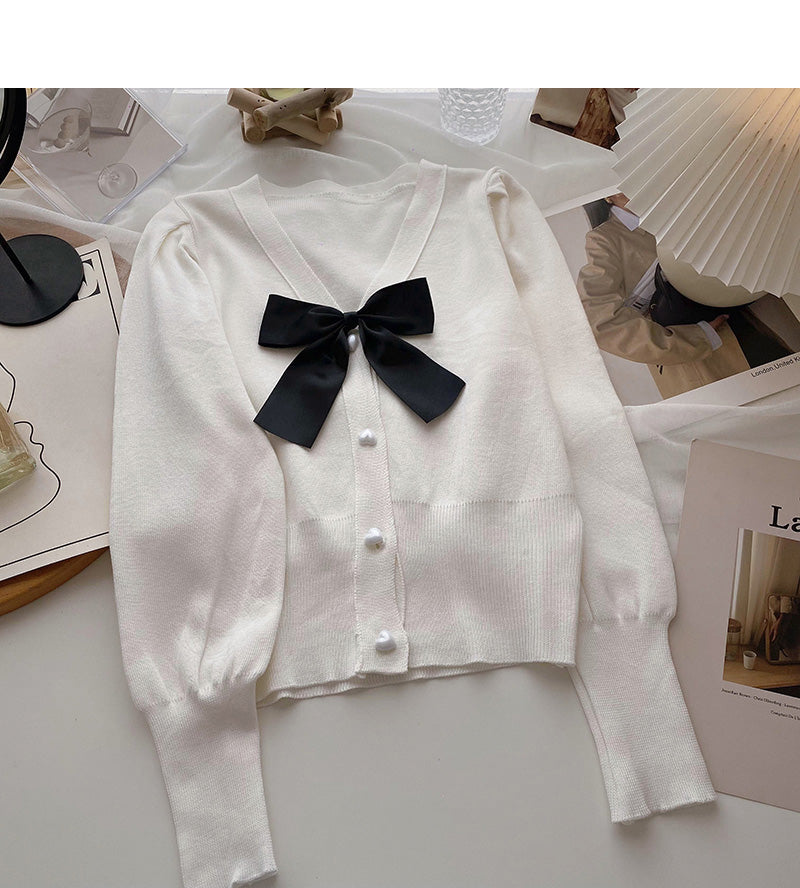 Vintage bow V-Neck Sweater slim long sleeve top  6688
