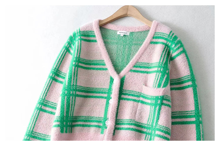 Plaid color matching knitted cardigan women's minority retro sweater coat  7185